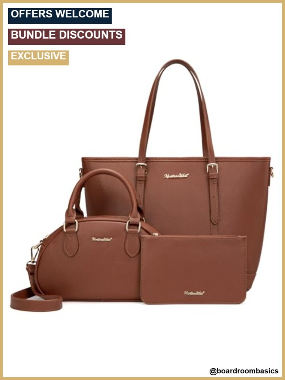3-Piece Handbag Set: Large Tote, Crossbody Satchel, Wallet - Faux Leather
